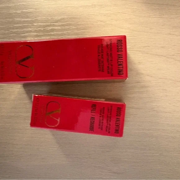 NWT Valentino Red Geometric Cosmetic Bag with two long lasting lipsticks